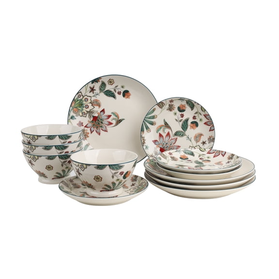222 Fifth Perse 12-Piece Porcelain Dishes, White Plates and Bowls Sets