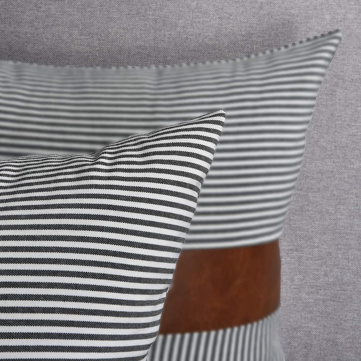 Wekity Farmhouse Decorative Throw Pillow Covers Set Of 2 Stripe Accent Pillow Covers Faux Leather Pillow Cases For Couch Sofa Boho Modern Home Deco