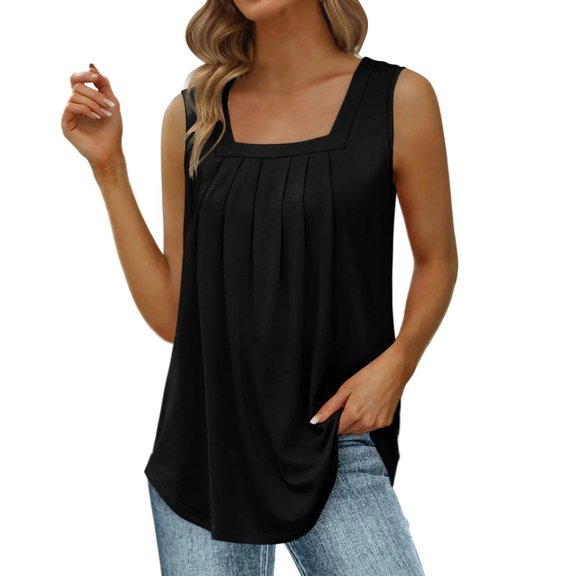 Women's Summer Tank Tops Square Neck Pleated Sleeveless Top Casual Loose Fit Basic Shirts Casual Flowy Tunic Sleeveless Shirts