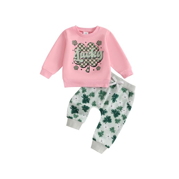 Toddler Baby Girls Spring Outfits 6 12 18 24 Months 2T 3T Shamrock Letter Pattern Long Sleeve Crew Neck Baby Sweatshirt with Pants 2 Pcs Clothing Set