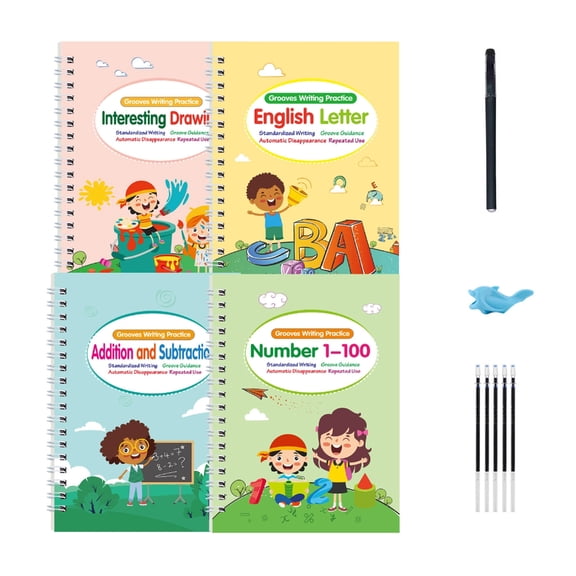 4Pcs Kid Magical Handwriting Practice Book with Gel Pen and Silicone Pen Grip