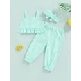 thumbnail image 4 of Franhais Girls Casual Suit, Solid Color Sleeveless Ruffled Sling Tops+Pockets Long Pants+Headband, 4 of 9