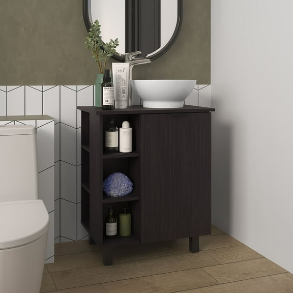 Modern Bathroom Vanity Wengue Bathroom Vanity with 1 Door and 8 Storage Shelf,Wooden Bathroom Vanity