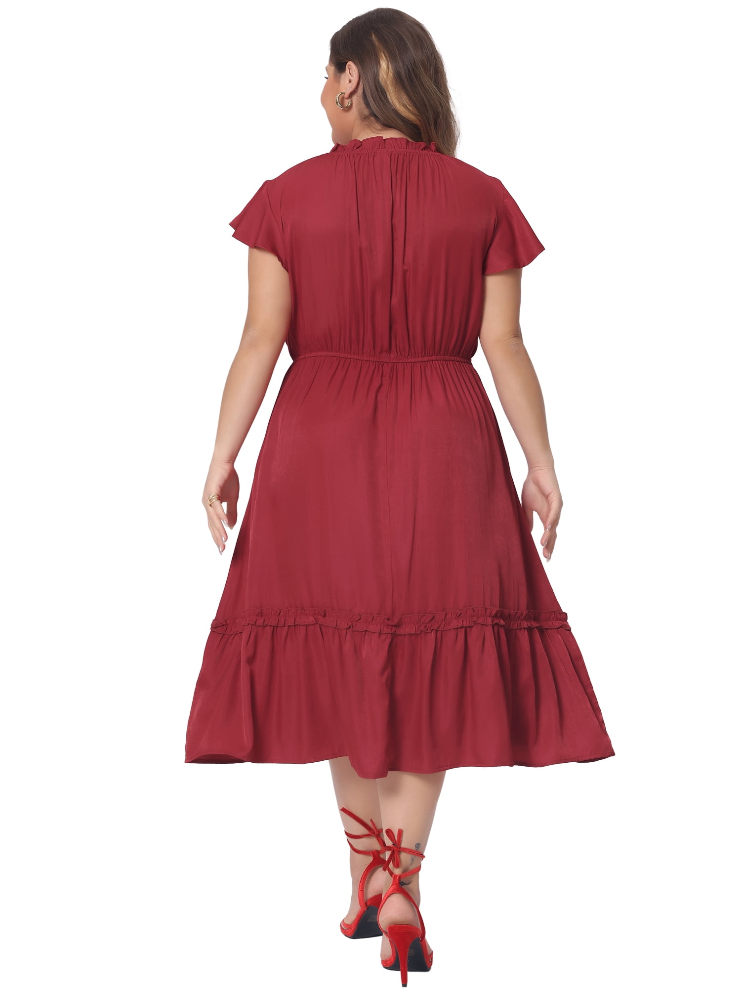 DARING DIVA Women's Plus Size Bow Tie Neck Ruffle Cap Sleeve A Line Midi Dress 3X Red
