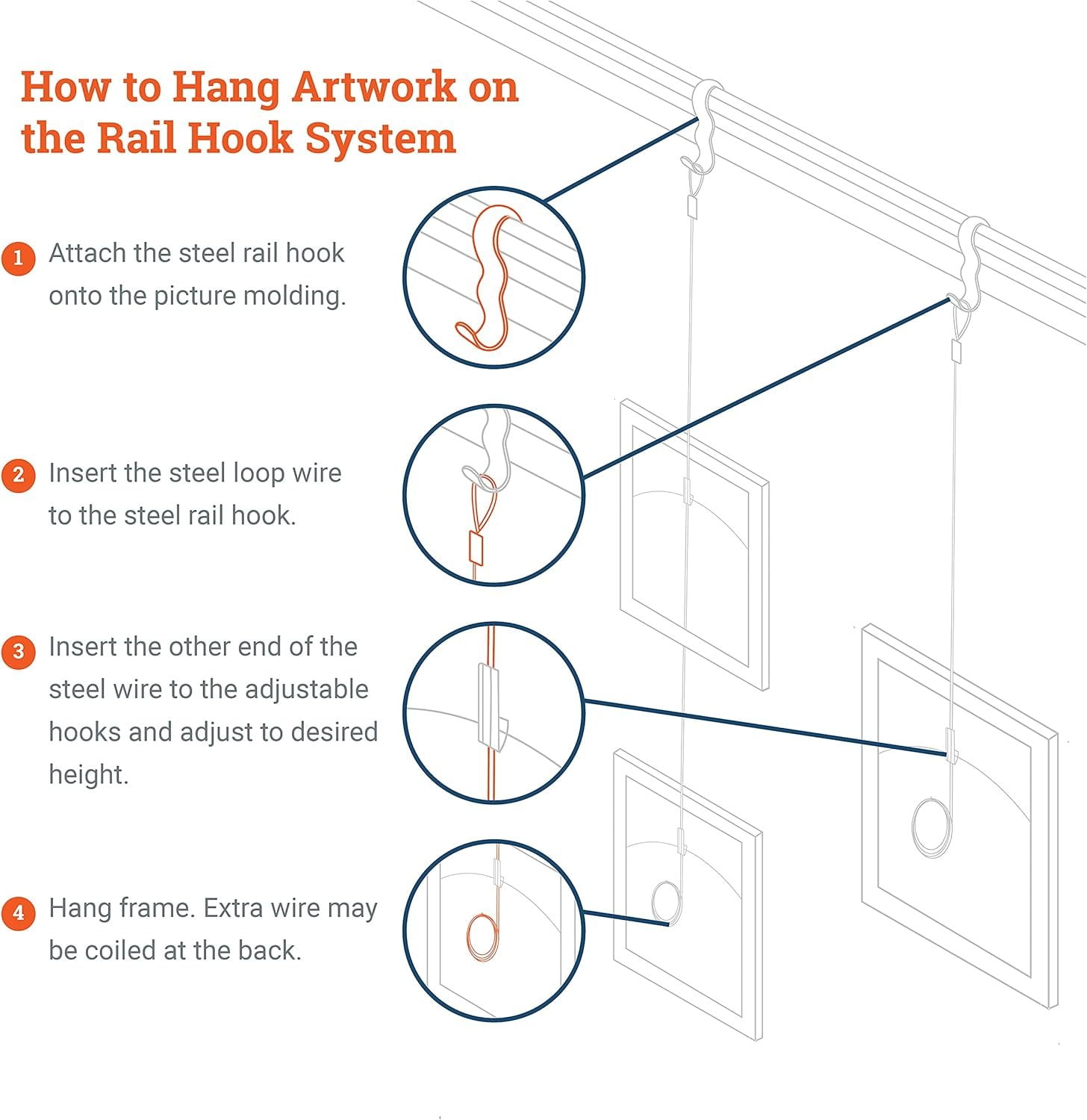 Picture Hang Solutions - Silver Picture Rail Molding Hooks - Gallery Hanging System - Includes Wire Cables and Adjustable Hooks 5 sets per pack