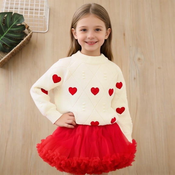 hengsof Girls Lovely Two Piece Set, Long Sleeve Knit Pullover with Heart Design and Flared Tulle Party Skirt for Little Girls Ages 1 to 8 Years