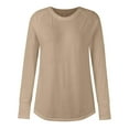 thumbnail image 6 of Womens Tops Women's Solid Round Neck Loose Long Sleeve Medium Length Leaky Thumb T-shirt Top Shirts for Women Kagetolytai Khaki S, 6 of 7