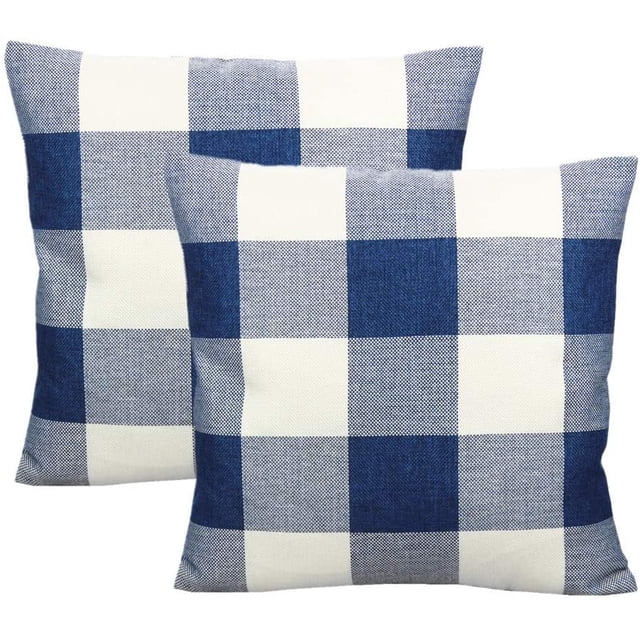 2Pack Plaids de Bison Automne Décoratif Porche Extérieur Coussin Couvre L'action de Grâce Ferme Rétro Check Checkers Rustique Coussin Automne Décorations de la Maison pour Canapé Chambre Canapé 18x18'' (Bleu et Blanc)