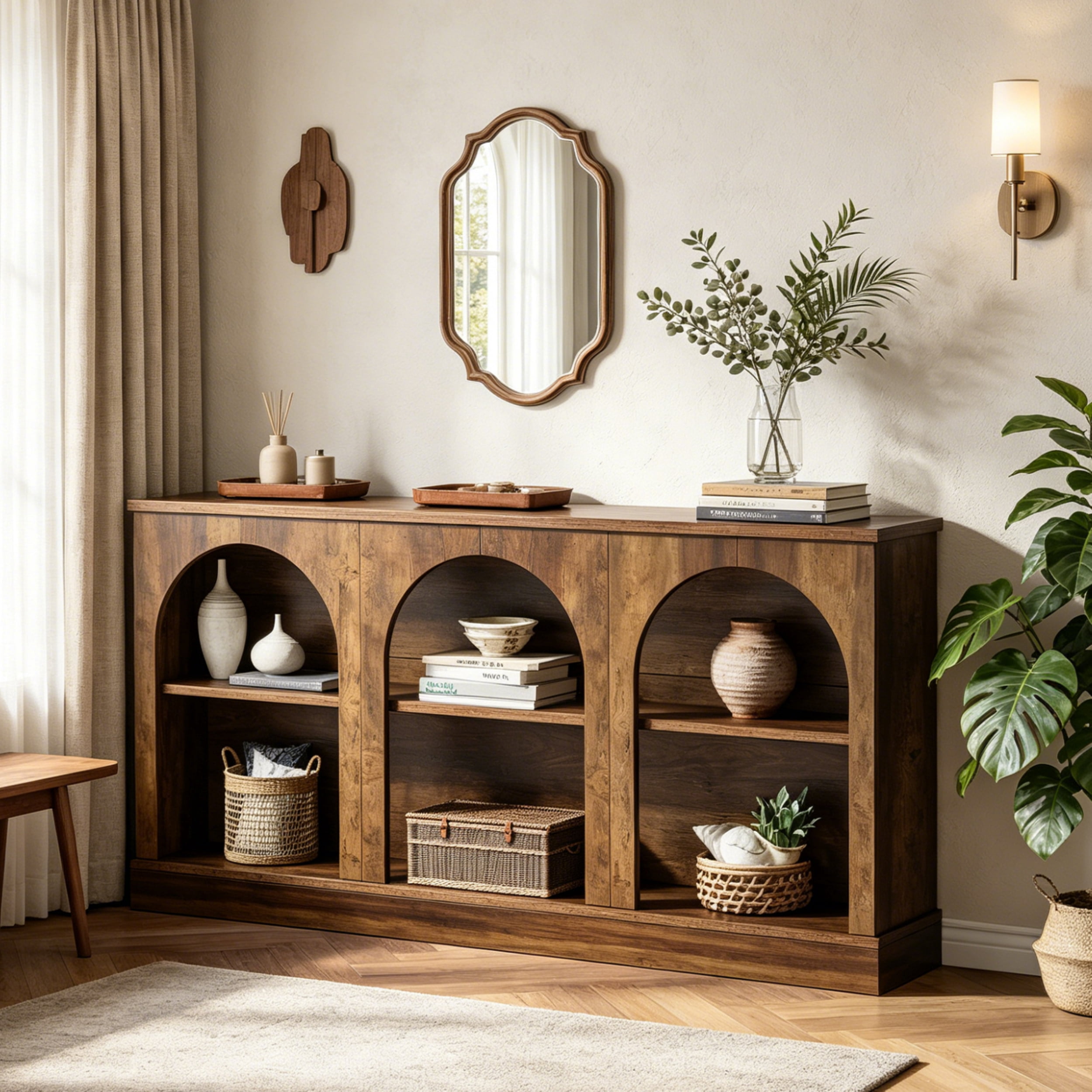 Fnova 63" Farmhouse Console Table, Wooden Entryway Table with 3-Tier Storage, Rectangular Sofa Table for Entrance, Hallway, Living Room, Behind Couch