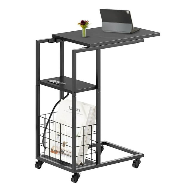 Toytexx Table d'Appoint en Forme de C Réglable avec Roues et Prise Intégrée – pour Salon, Chambre – Noir