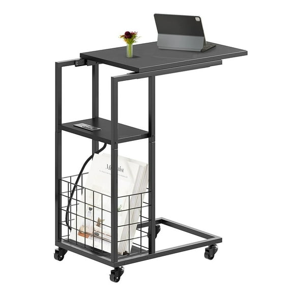 Toytexx Table d'Appoint en Forme de C Réglable avec Roues et Prise Intégrée – pour Salon, Chambre – Noir