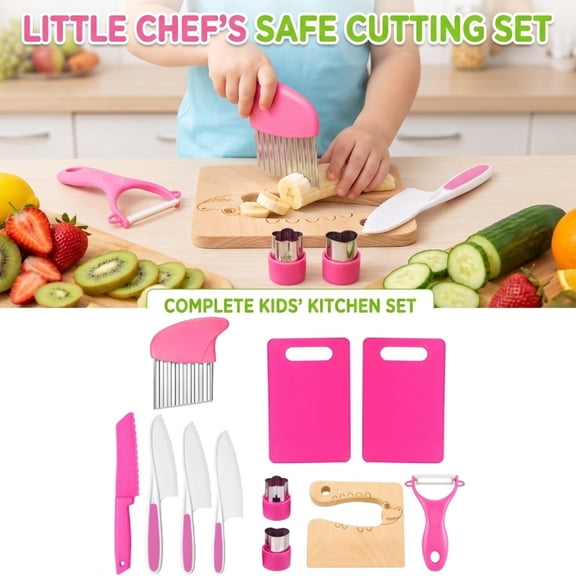 Kids Model Set for Real Cooking Safe Pink Kitchen Accessories 11 Piece Kitchen Cooking Utensils Set with Cutting Boards for Kitchen Vegetable Peelers for Home Cooking Hobby