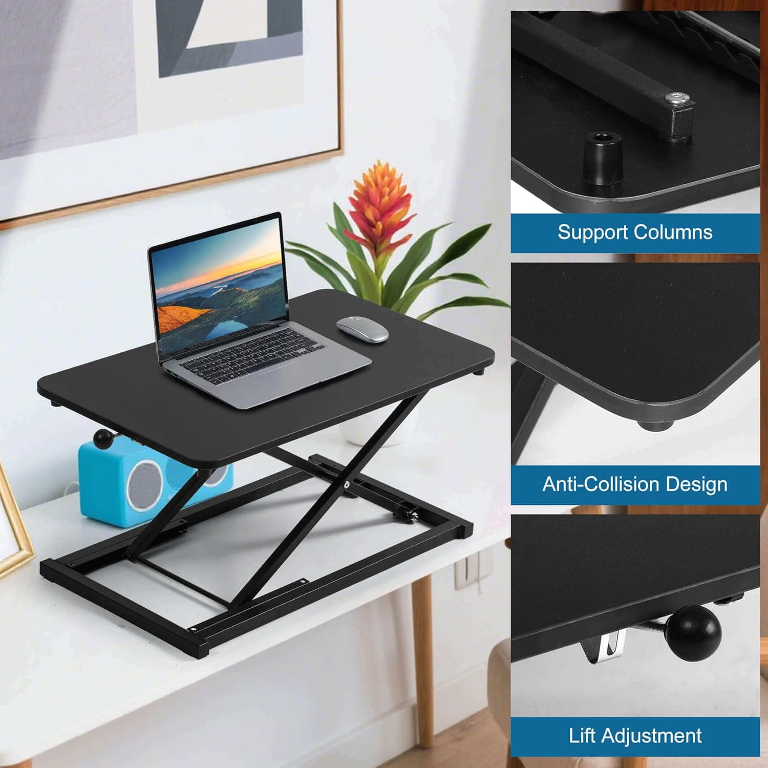 Height Adjustable Standing Desk Converter, Ergonomic Sit Stand Desk Riser with X-Lift Structure, 23.6 x 13.3 Inch Portable Desktop Workstation, Keyboard Stand for Laptop Monitor, Black