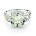 thumbnail image 2 of 925 Silver and 10K Yellow Gold Green Prasiolite and White Moissanite 3 Stone Ring for Women (4.21 Cttw, Gemstone Birthstone, Cushion Checkerboard 10MM, Round 4MM, Available in Size 5, 6, 7, 8, 9), 2 of 3