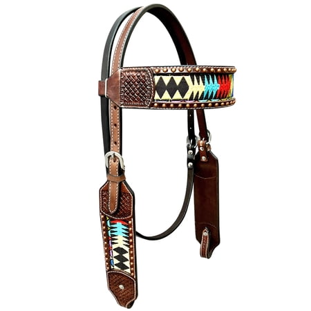 Bar H Equine Horse Genuine Leather embroidery design Headstall Brown