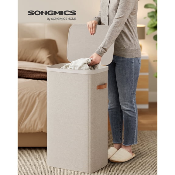 SONGMICS Laundry Basket, 26.4 Gal. Laundry Hamper, Easy Assembly, with Lid and Handles, Removable Liner, 16.5 x 12.6 x 29.5 Inches, Cappuccino Beige