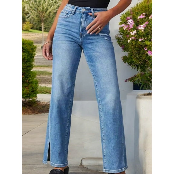 Women's High Waist Straight Leg Jeans With Subtle Distressing- X Large, Blue