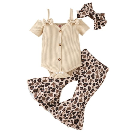 

Sunisery Western Baby Girl Clothes Cow Print Bell Bottoms Outfits Short Sleeve Cold Shoulder Rib Romper Flare Pants Set Khaki 3-6 Months