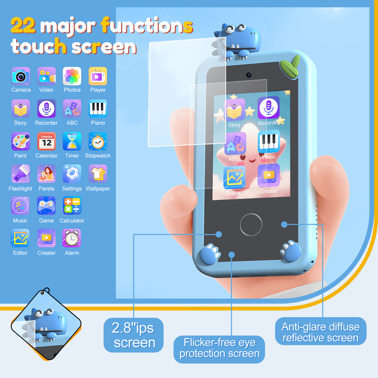 Merryhome Kids Smart Phone for Boys with 32G Card & Holographic Pyramid, Christmas Birthday Gifts for Age 3-10 Kids Toys Cell Phone, 2.8" Touchscreen Toddler Learning Toy, Dual Lens, Music Player