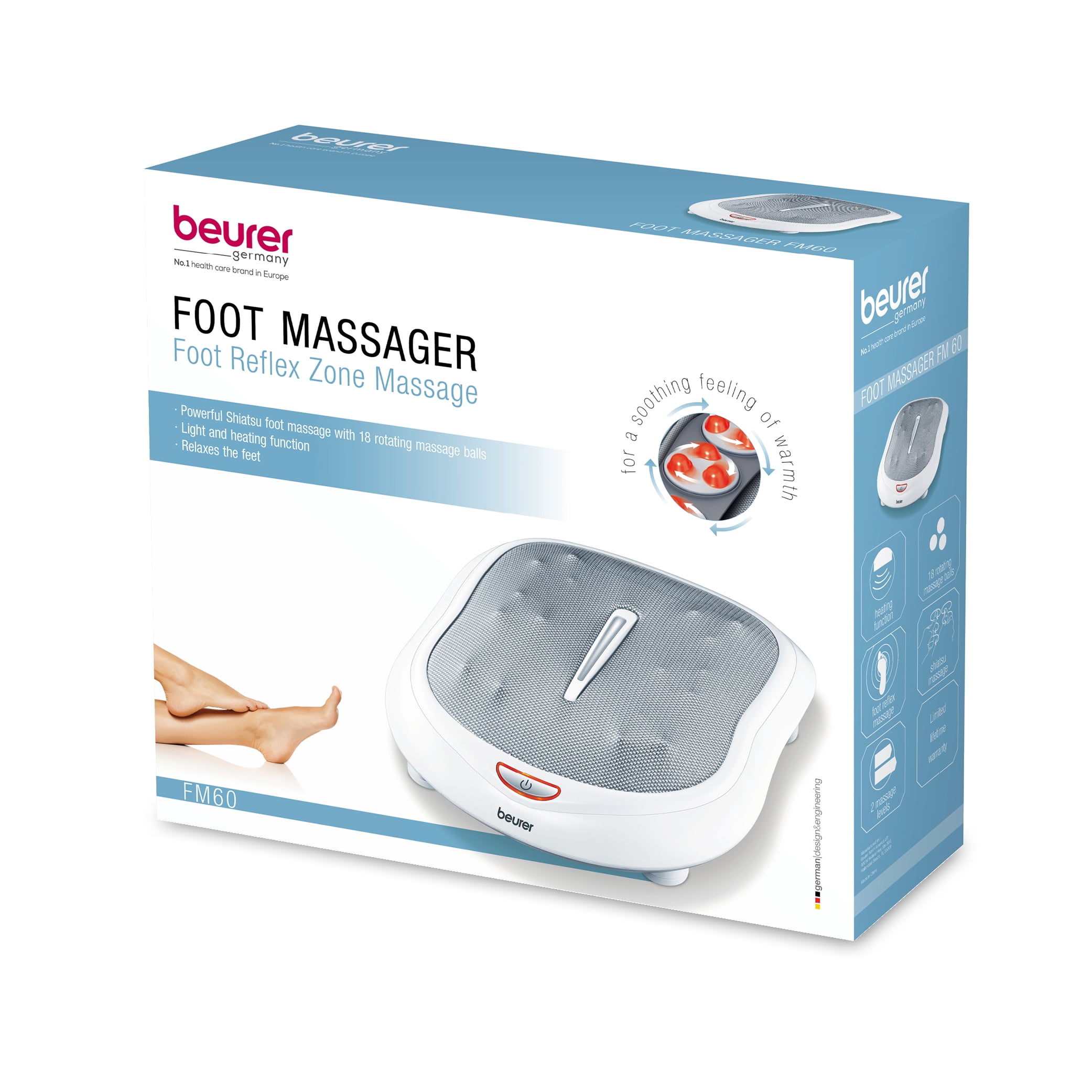 Beurer Shiatsu Foot Massager 18 Rotating Massage Heads, Relax Sore & Tired Feet with Deep Tissue, Heat Function, FM60