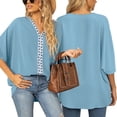 thumbnail image 3 of Summer V-neck Solid Color Shirt Ladies Bat Sleeve Chiffon Shirt Short Sleeve Stitching Women's Top, 3 of 5