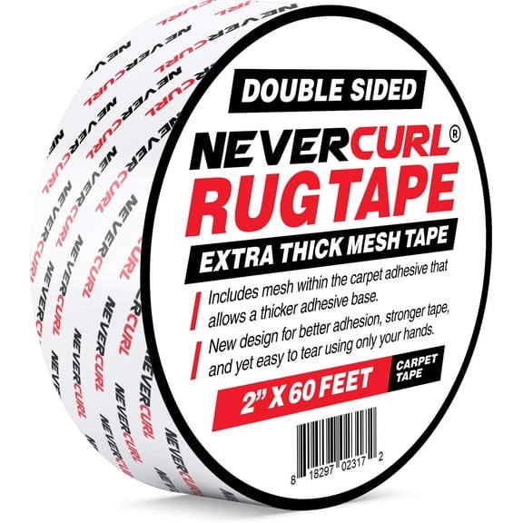 NeverCurl Double Sided Extra Thick Rug Tape with Mesh Fabric - 2" by 60 Feet Roll - Anti Slip Non Skid Gripper Tape For Rugs, Mats, Pads, Runners