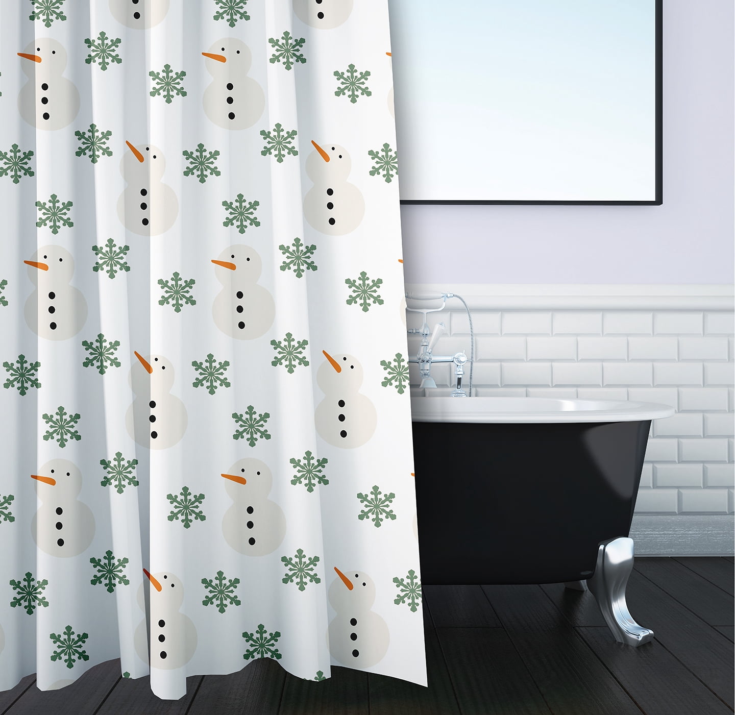 Simply Daisy 70" W x 73" L Snow Men In Snowstorm Polyester Shower Curtain, Succulent Green [1 Ct]