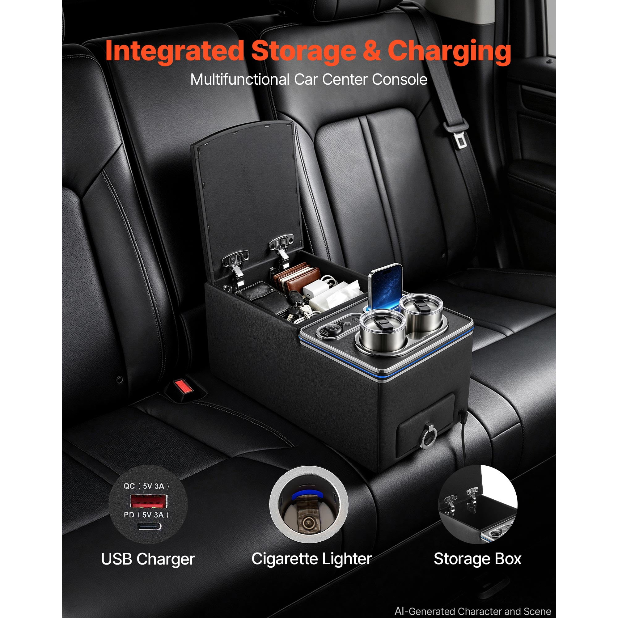 KFFKFF Universal Rear Bench Seat Center Console with Multi-Color Ambient Lighting, USB/Type-C/Cigarette Lighter Charging Ports, Back Seat Organizer with Cup and Phone Holders for MPV, Sedan, SUV
