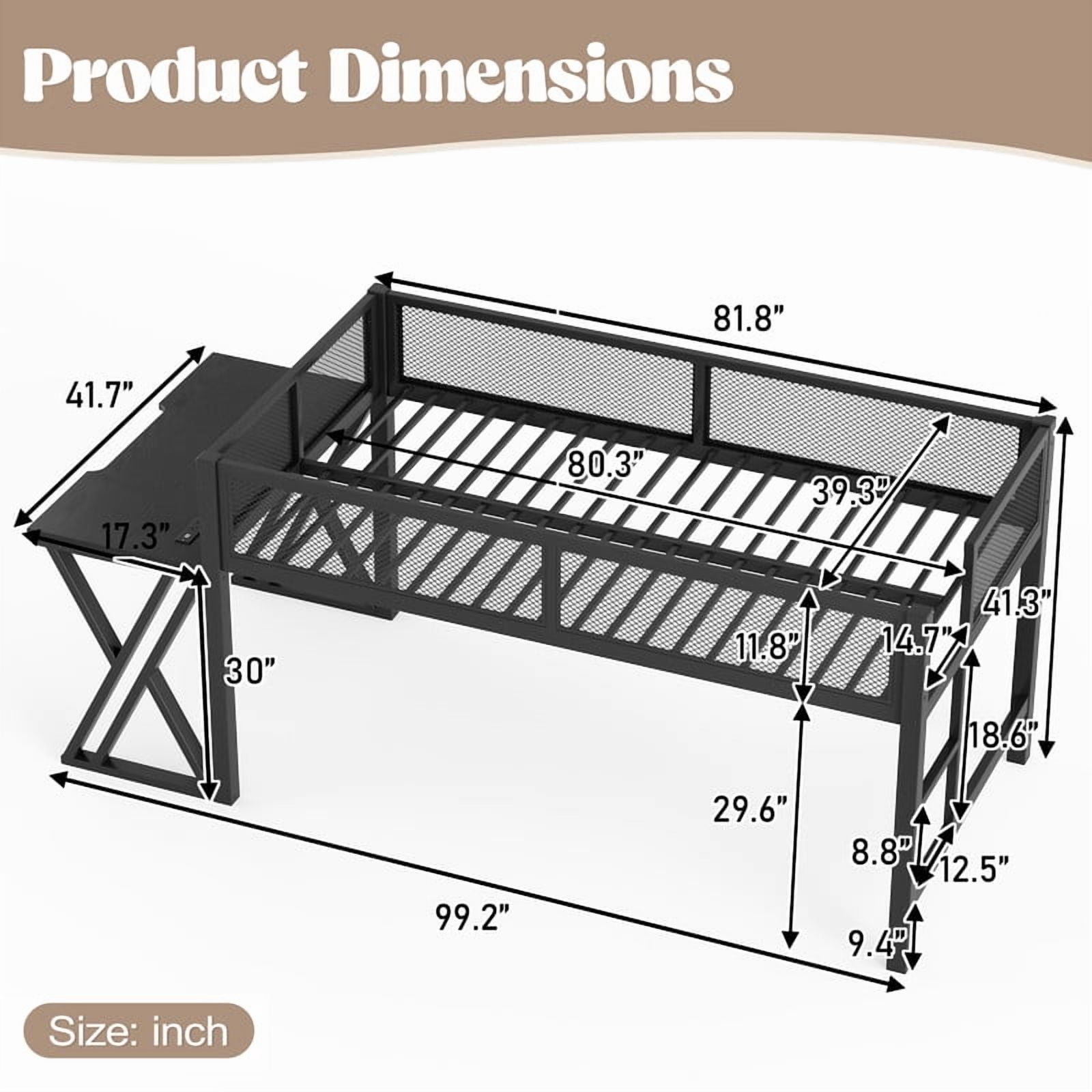 Twin XL Gaming Loft Bed with Computer Desk of X-Shaped Legs, Metal Bed Frame with LED Lights, Charge Station & Mesh Guardrail