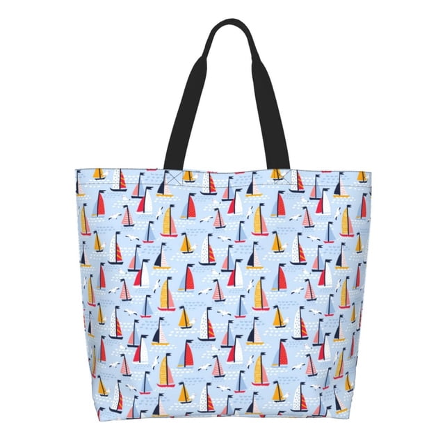 Fotbe Sailboats And Seagulls Bolsa Tote Estética de Lona con Estampado para Mujer - Bolsa Reutilizable de Hombro Casual para Vacaciones, Compras, Trabajo y Gimnasio