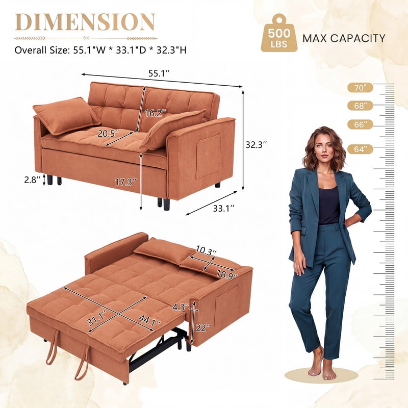 54.3" Corduroy Modular Sectional Sleeper Sofa,Loveseat with Pull Out Bed, Orange – Space-Saving Couch for Living Room, Guest Bed, Apartment
