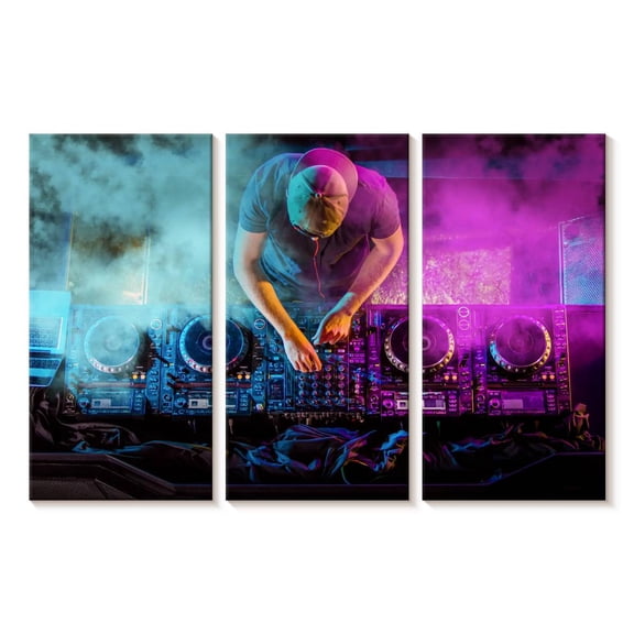 Elephant Stock Dj At The Turntable Wall Art - Horizontal Multi Panel Canvas - Living Room Wall Decor - Music Multi Panel - Purple And Blue Decor - 23" x 14"