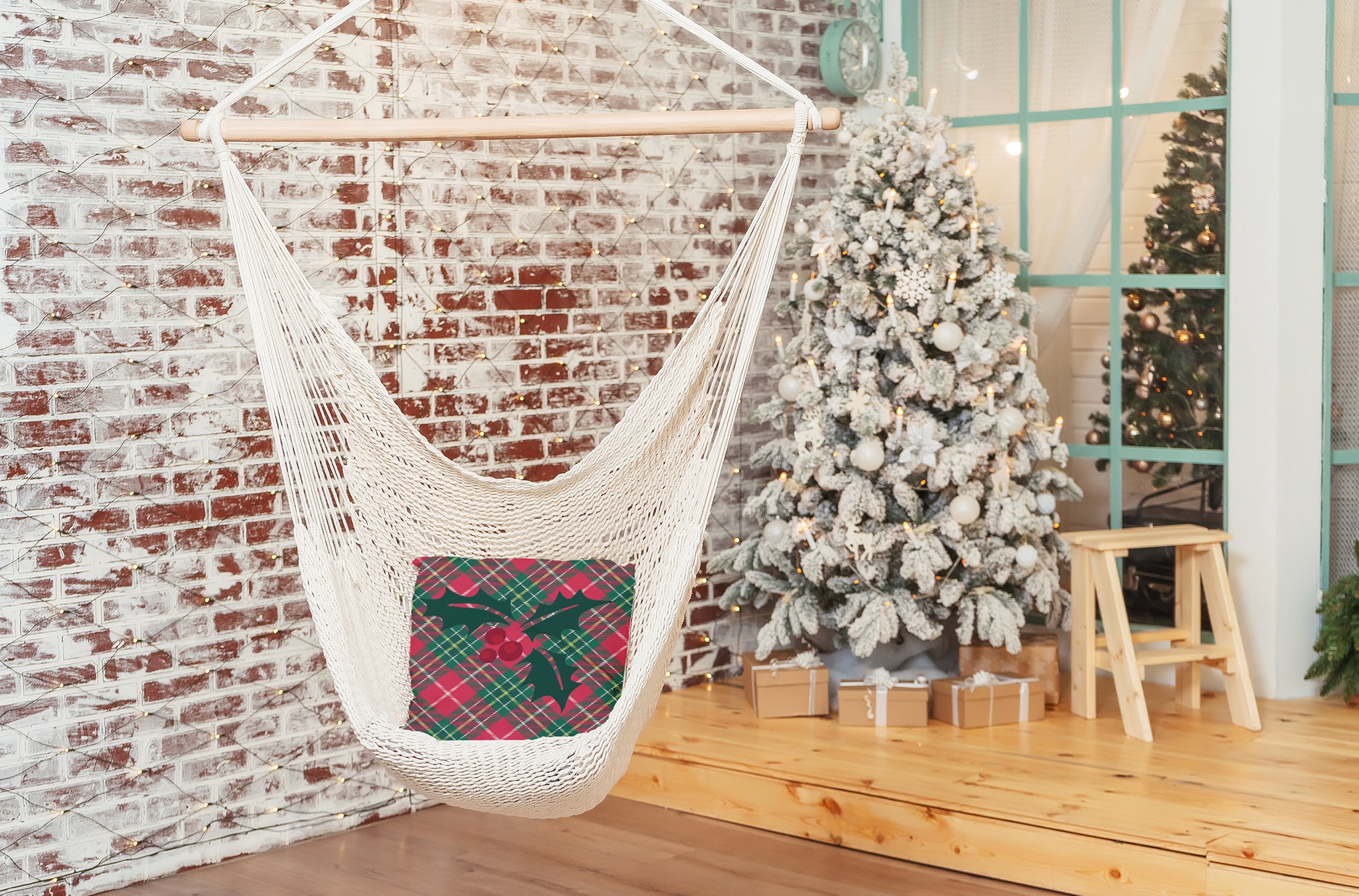 20" x 20" Simply Daisy Holly on Plaid Polyester Indoor/Outdoor Pillow, Christmas Pink Qty 1
