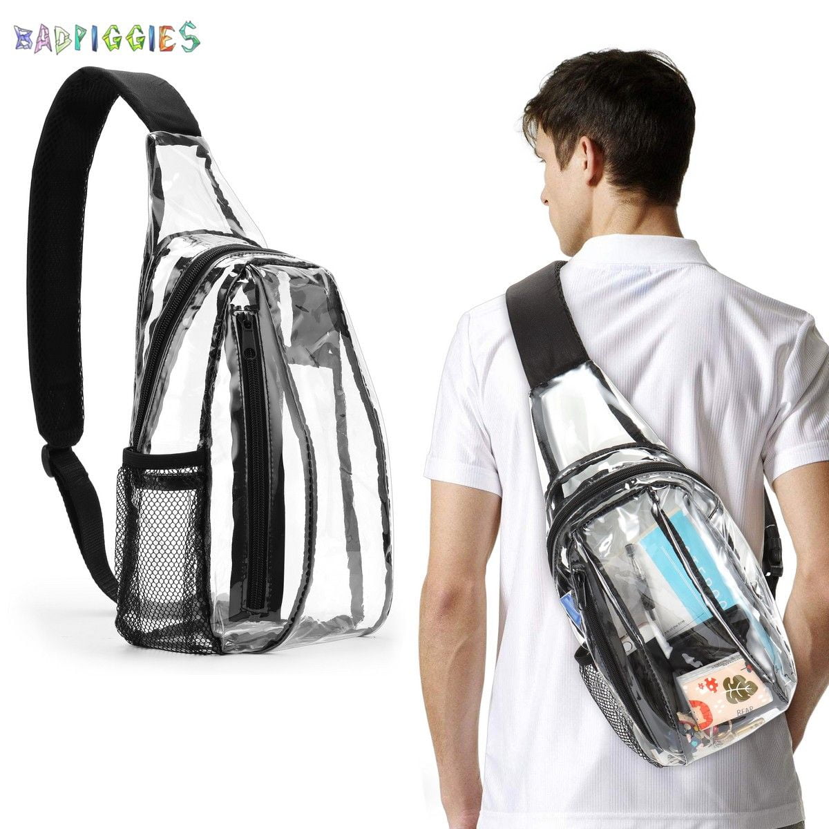 BadPiggies Clear Sling Bag Stadium Approved Mini PVC Crossbody Shoulder Backpack Transparent PVC Casual Chest Daypack for Women & Men