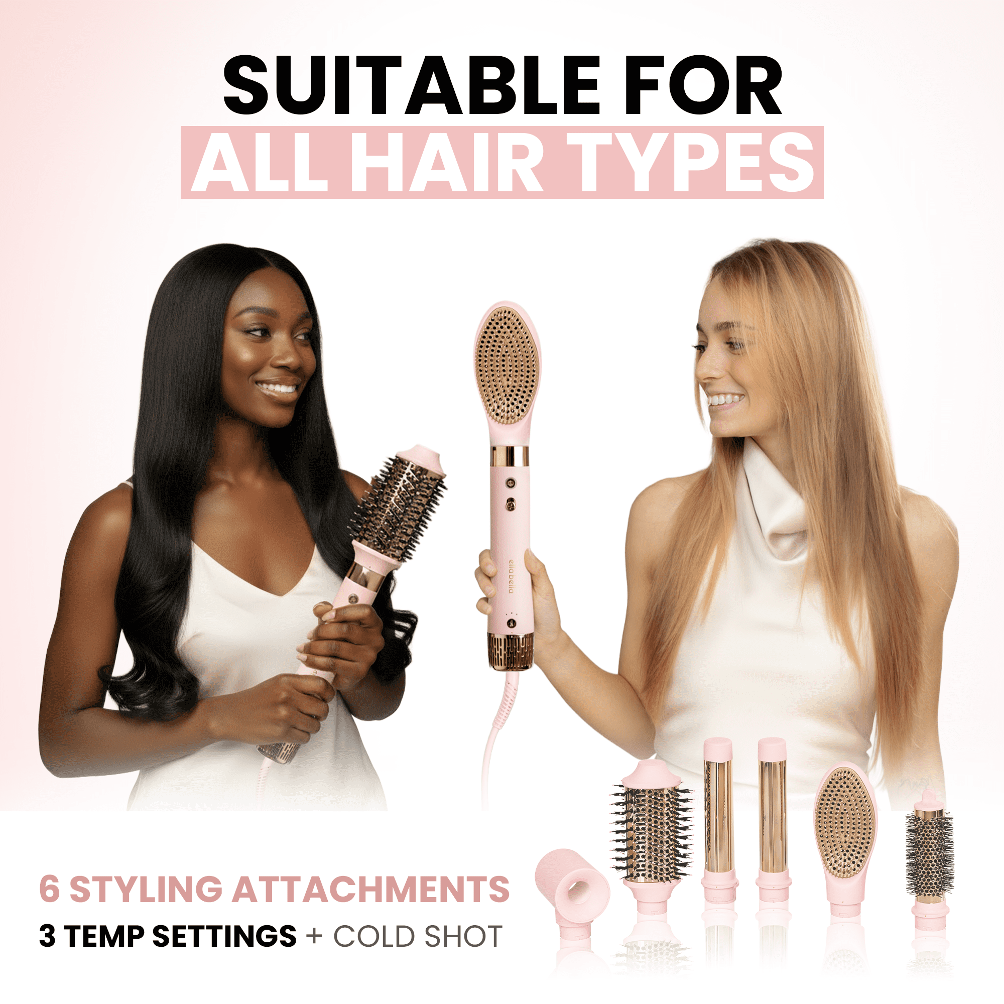 ELLA BELLA® 6 in 1 Professional Hot Air Styler • Powerful Hair Dryer & Straightener Set • Fast Drying Curling Volumizing Straightening Styling • Includes Protective Travel Case (Pink)