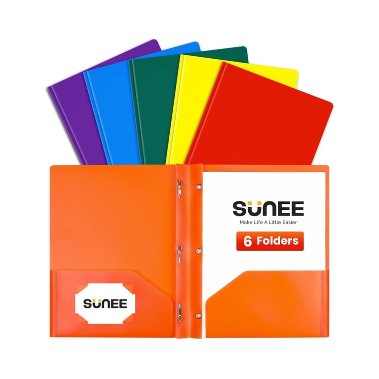 SUNEE 3-Prong Plastic Folders with Pockets, 6 Count photo 1