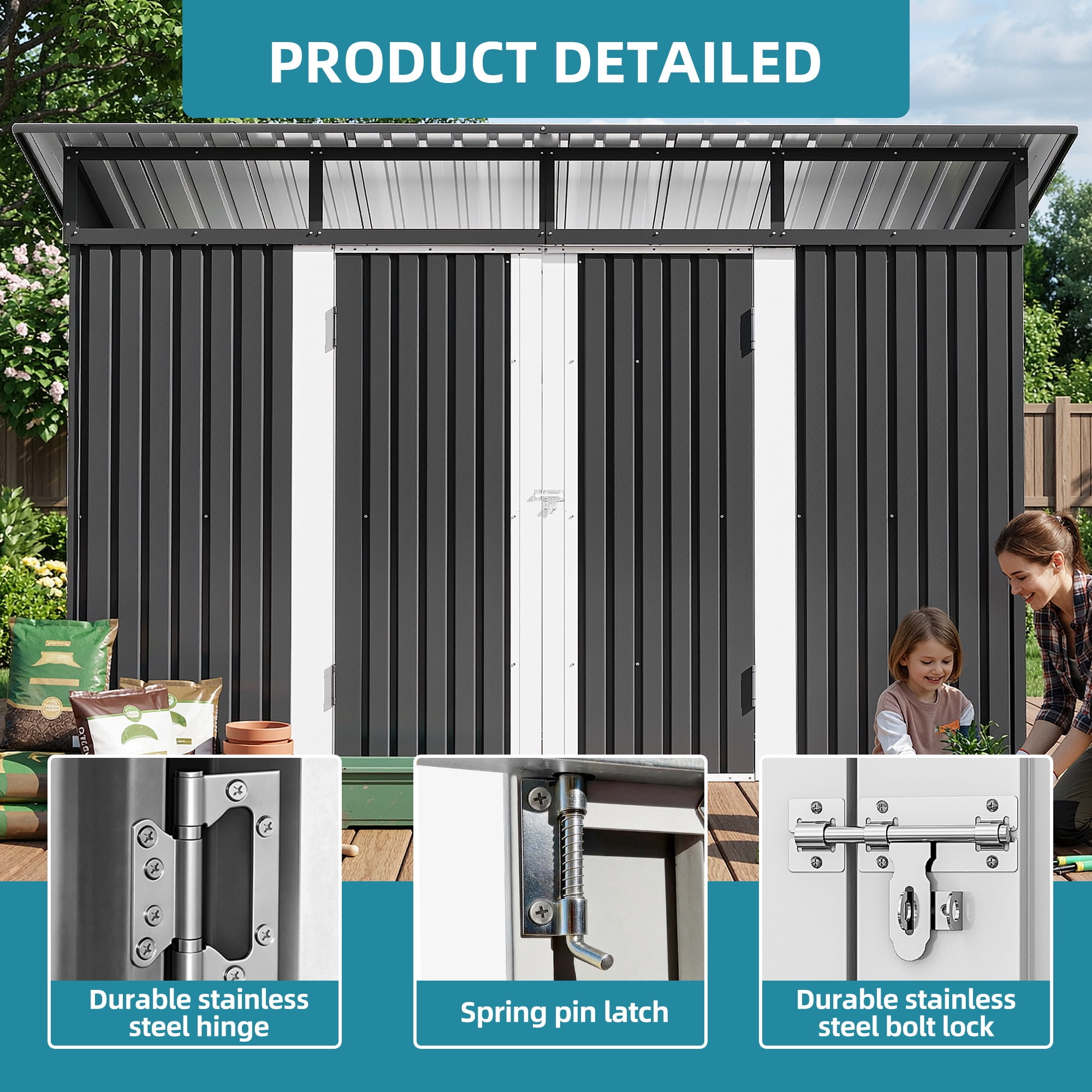 Uforic 9 x 4 FT Outdoor Storage Shed, Weather Resistant Metal Tool Shed with Acrylic Windows and Lockable Door, Multi-Functional Storage Shelter for Bikes Tools Waste Outdoor Patio Garden, Dark Gray