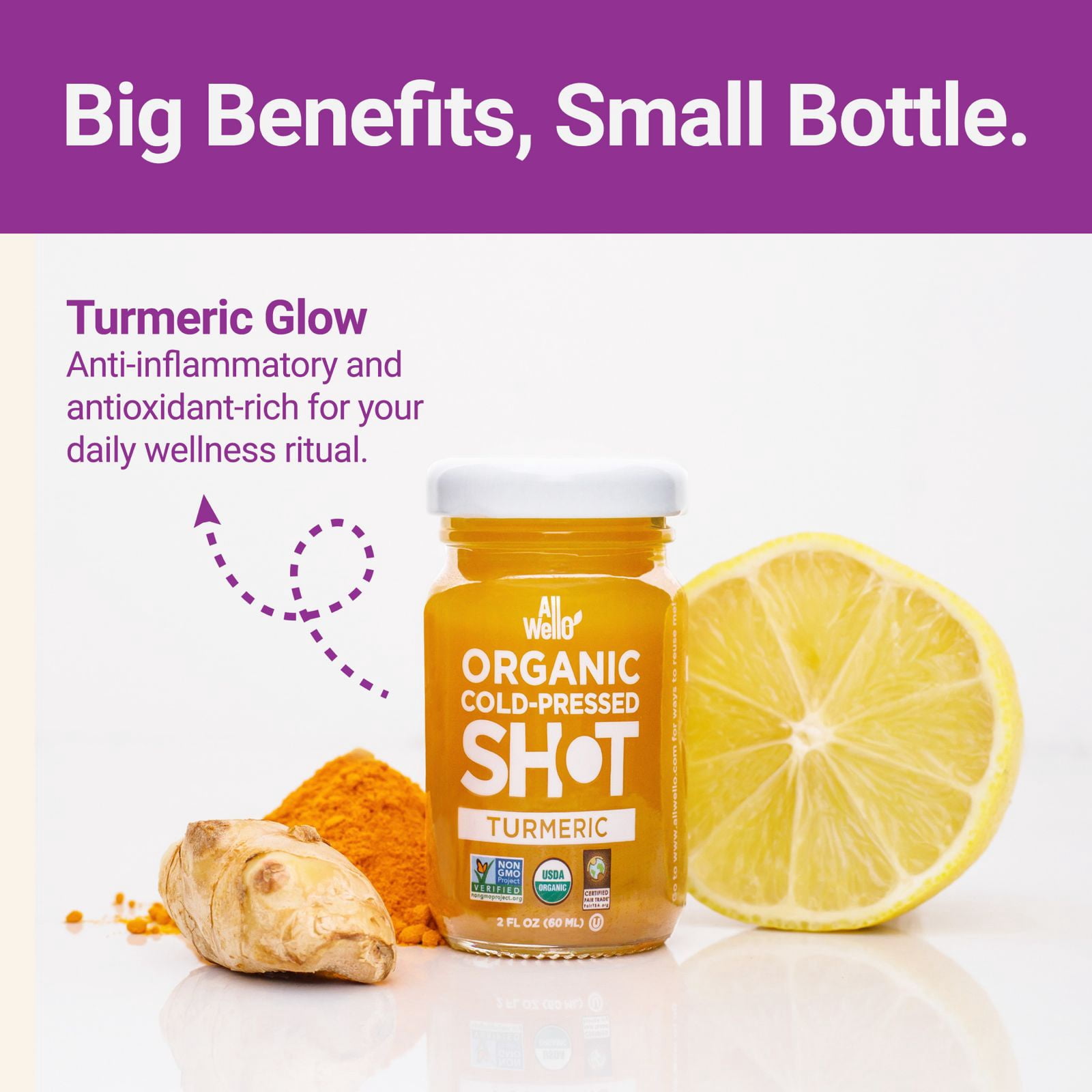 (6 pack) AllWellO Organic, Cold Pressed Turmeric Shots, 2 fl oz Glass Bottles, 3 Pack