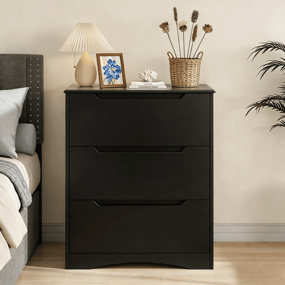 Dresser for Bedroom, Chest of Drawers with Large Storage Capacity, 3 Drawer Dresser, Cutout Handles, Deep Drawers, Smooth Metal Rail, Black