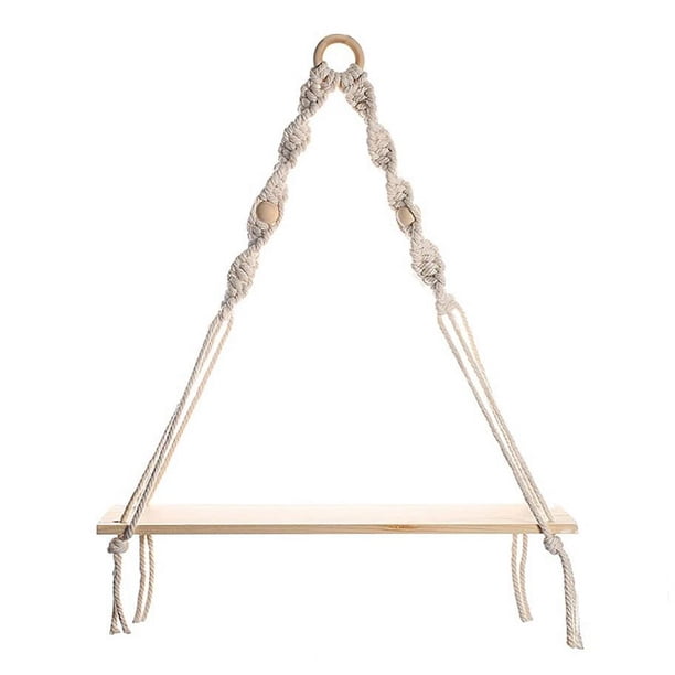 Estante Colgante de Pared de Macramé, Estantes de Pared de Madera Estilo Bohemio con Cuentas de Madera, Estante Flotante de Granja, Estante RúStico para Plantas Colgantes