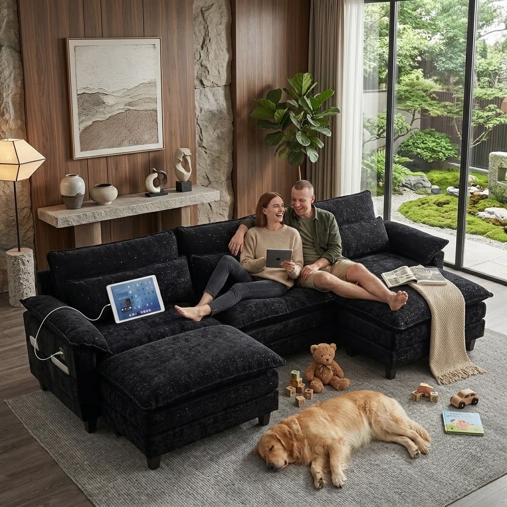 Howcool Cloud Couch Modular Sectional Sofa 3 Seat 113" U Shaped Convertible Couch Chenille Thick Cushion with Ottoman, Removable & Washable Cover for Living Room, Black
