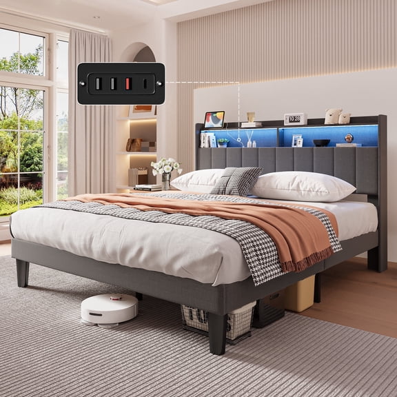 Queen Bed Frame with Headboard, Lofka Storage Headboard with Charging Station and LED Lights, Upholstered Platform Bed with Wooden Slats Support, Solid and Stable, Noise Free, No Box Spring Needed, E