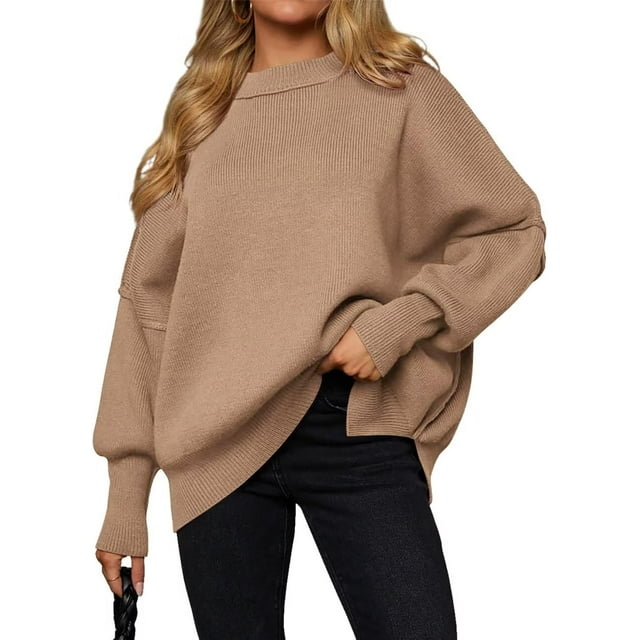 INFITTY Womens Sweaters Oversized Batwing Sweater Long Sleeve Pullover Ribbed Knitted Casual Tops Sweater