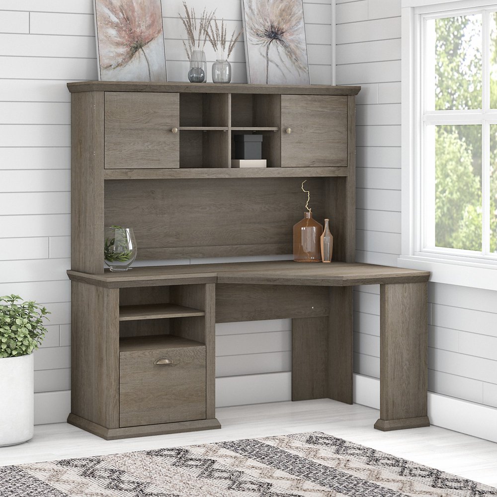 Bush Furniture Yorktown 60W Corner Desk with Hutch, Gray