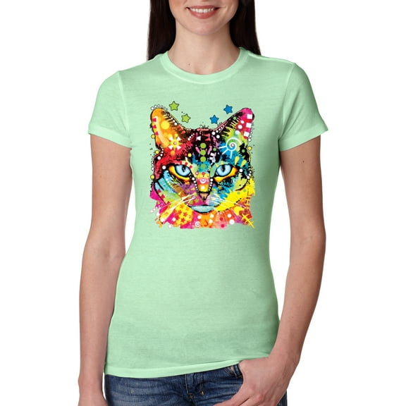 Wild Bobby Dean Russo Colorful Blue Eyes Cat Cat Lover Women Slim Fit Junior Tee, Mint, Small