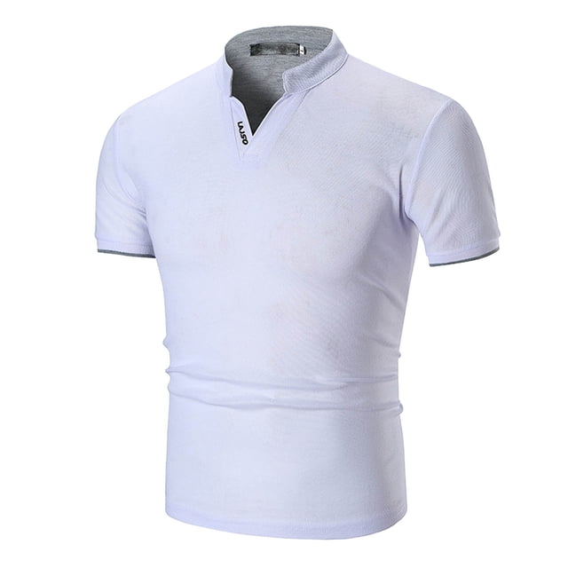 White Polyester Tops Solid Color Solid Color Mock Neck Rigid Waist Men's Polo Shirts, Summer Men's Rigid Collar Casual Pure Color Fashion Short Sleeve Tops