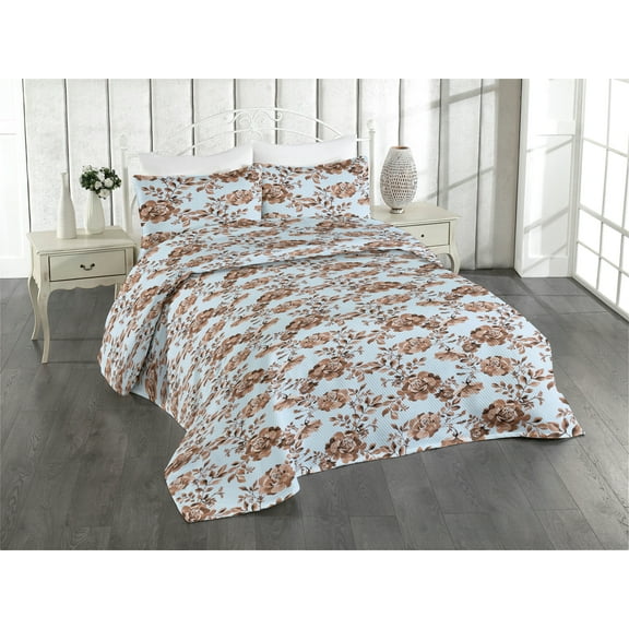 Ambesonne Floral Design Quilted Bedspread Set 3 Pcs, Flowers Vintage Print, King, Lavender Blue Warm Taupe