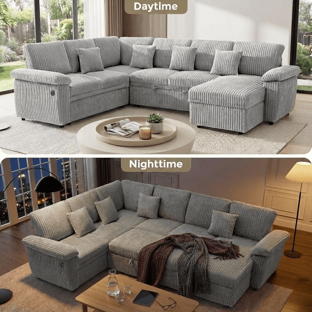 Howcool Modular Sectional Sleeper Sofa with Pull-Out Bed, U-Shaped Convertible 7-Seat Cloud Couch with Storage Chaise & USB Charging, Plush Corduroy Sectional for Living Room,Grey