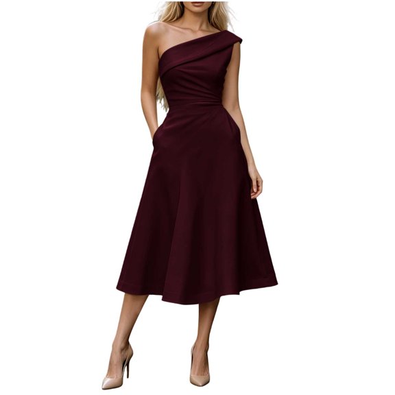 Ovbmpzd Tea-Length Summer Dresses for Women Elegant Wine Wedding Guest Party Dresses Formal A-Line One Shoulder Dresses With Pockets,L
