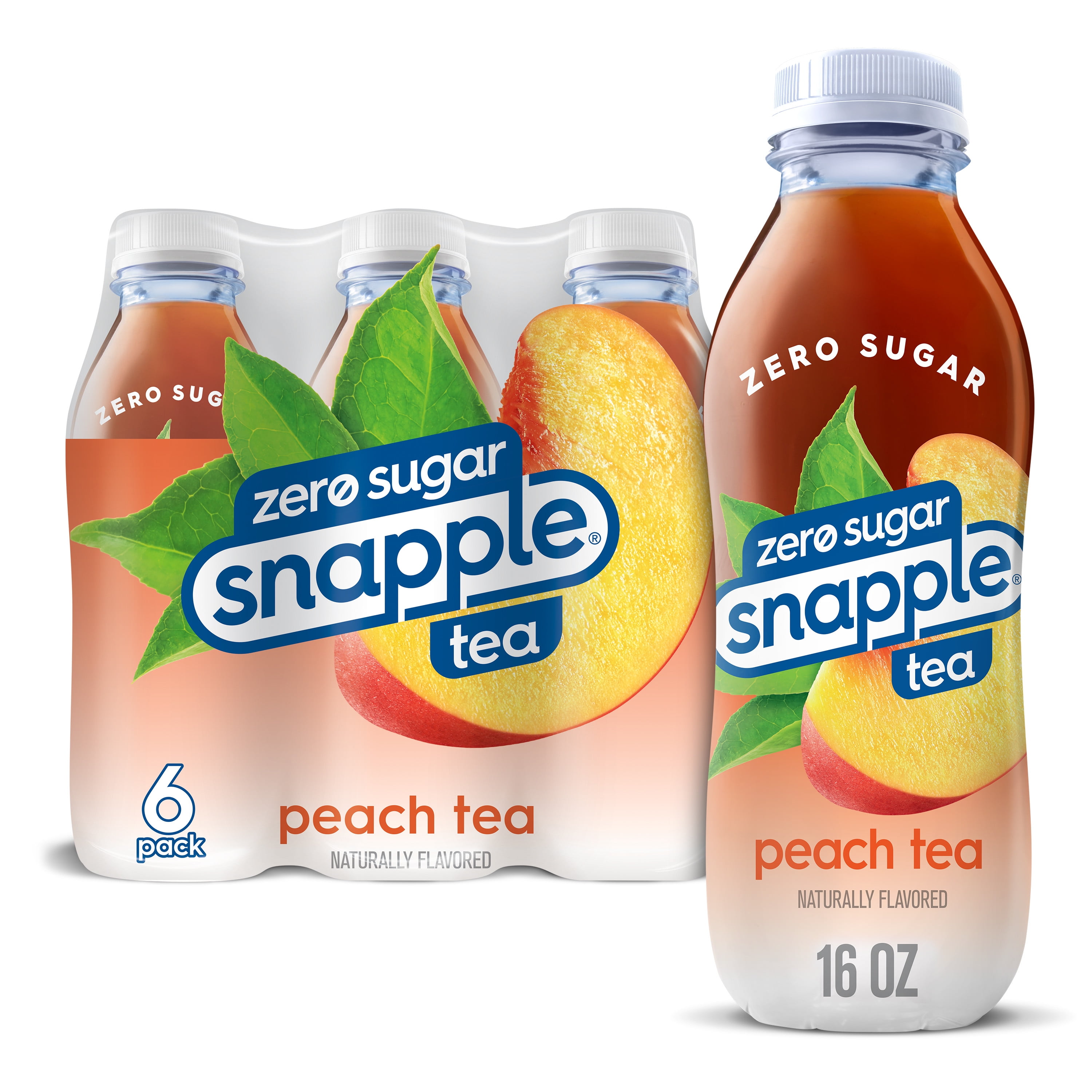 Snapple Zero Sugar Peach Tea, 16 fl oz recycled plastic bottle, 6 pack
